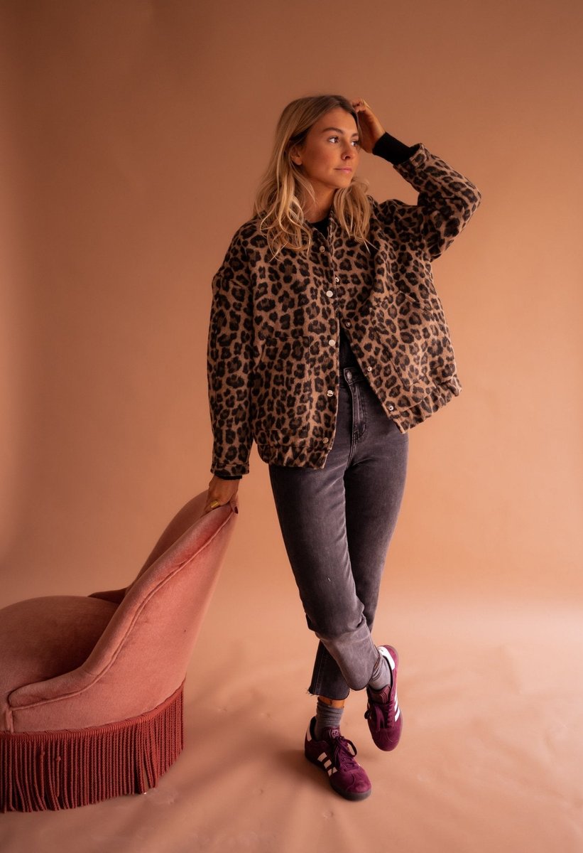 Pikowana Kurtka Oversize w Panterkę