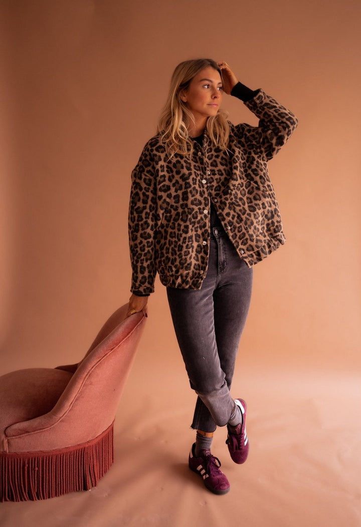 Pikowana Kurtka Oversize w Panterkę