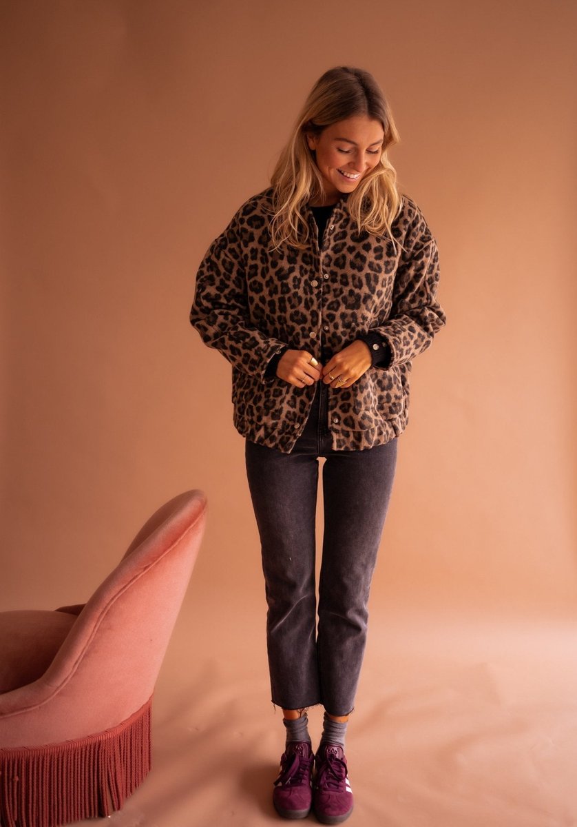 Pikowana Kurtka Oversize w Panterkę