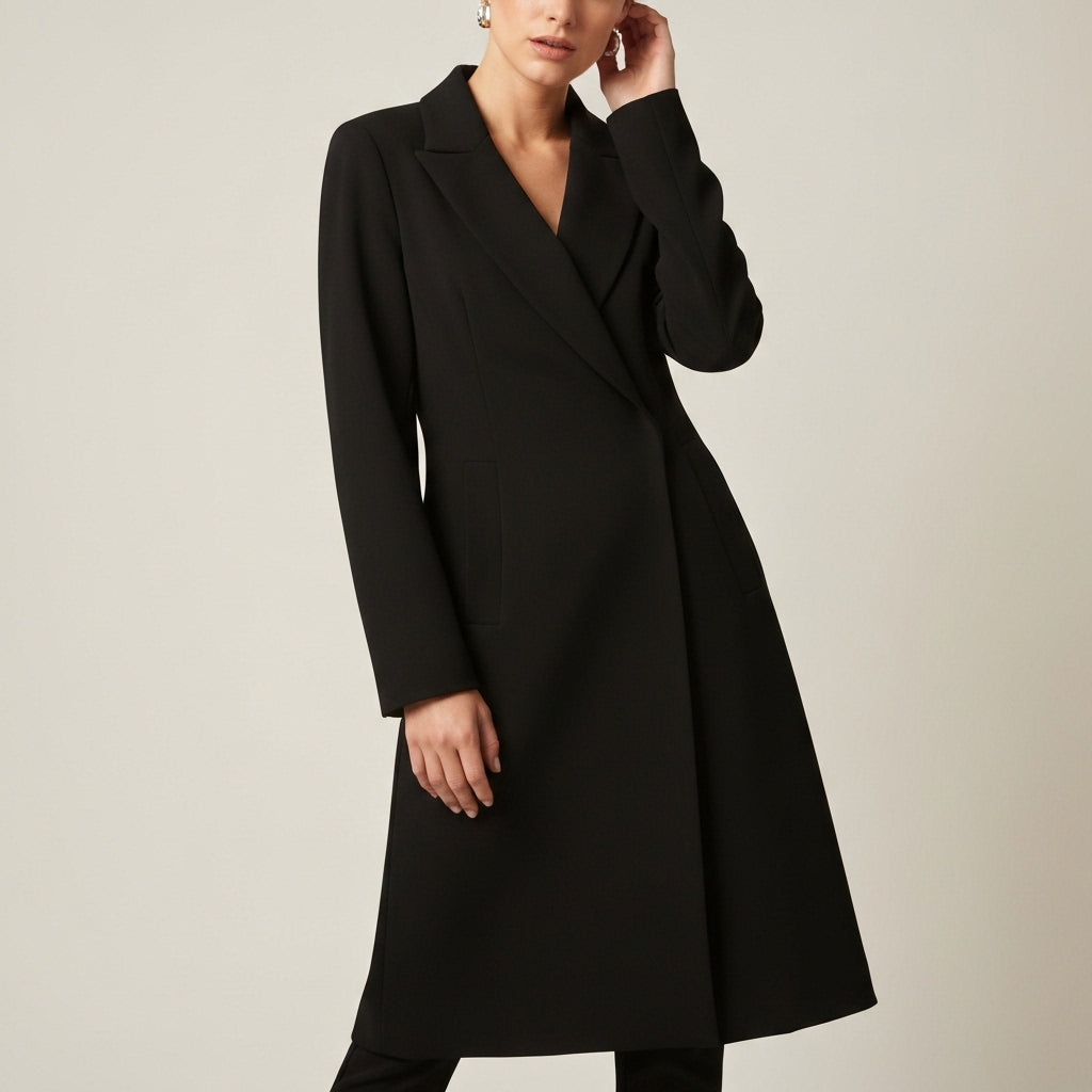 Tailored Collar Long Wrap Dress - Black