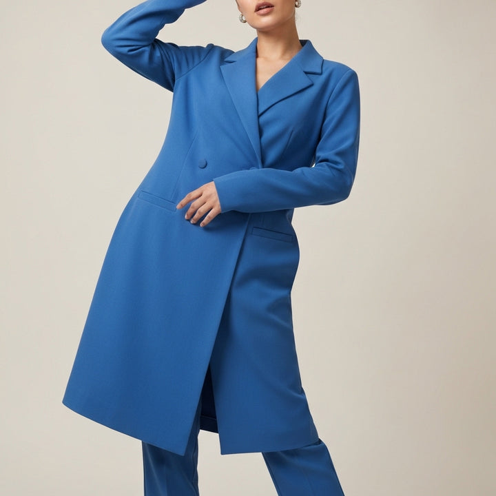 Tailored Collar Long Wrap Dress - Blue