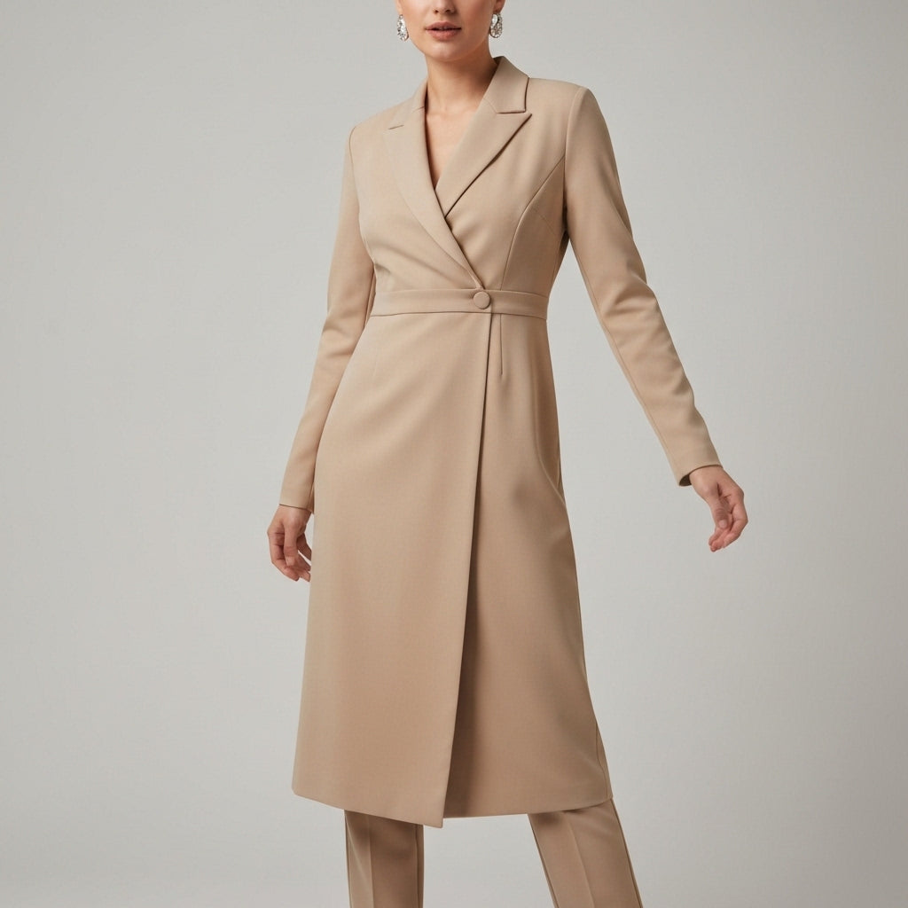 Tailored Collar Long Wrap Dress - Beige