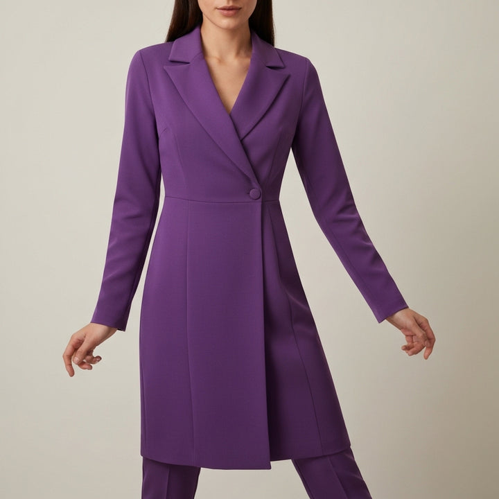 Tailored Collar Long Wrap Dress - Purple