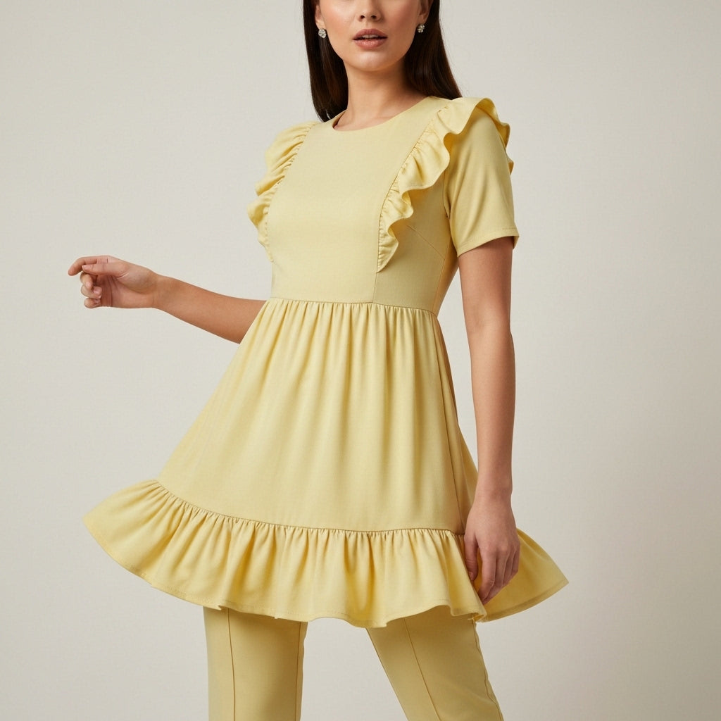 Ruffled Tiered Peplum Top Set - Yellow