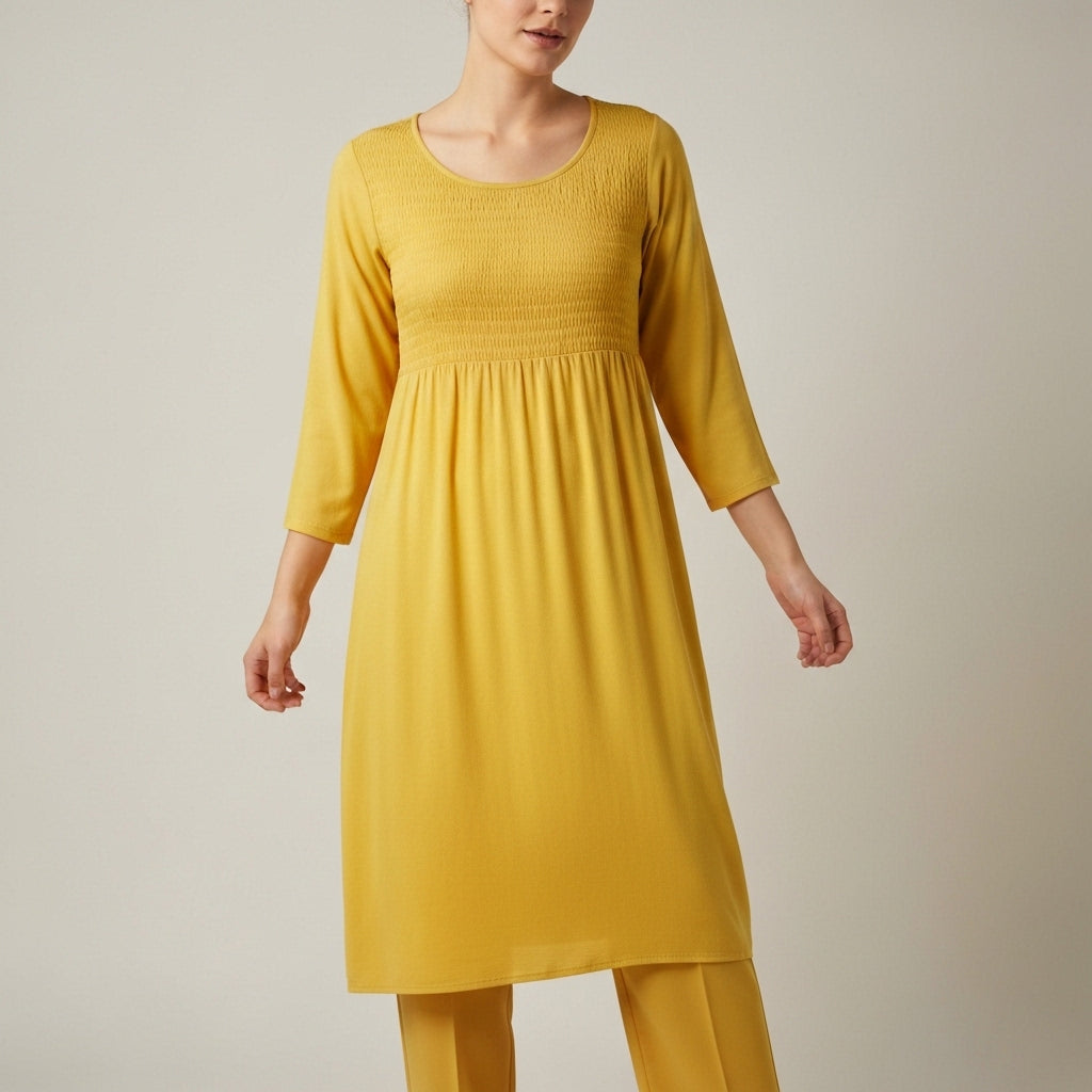 Smocked Sleeve Tiered Midi Dress - Mustard