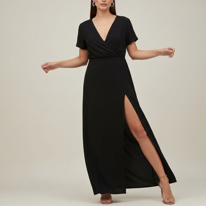 Wrap Front Maxi Slit Dress - Black