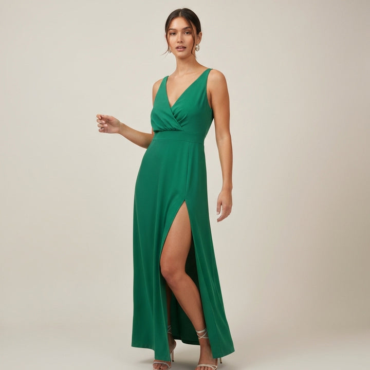 Wrap Front Maxi Slit Dress - Green