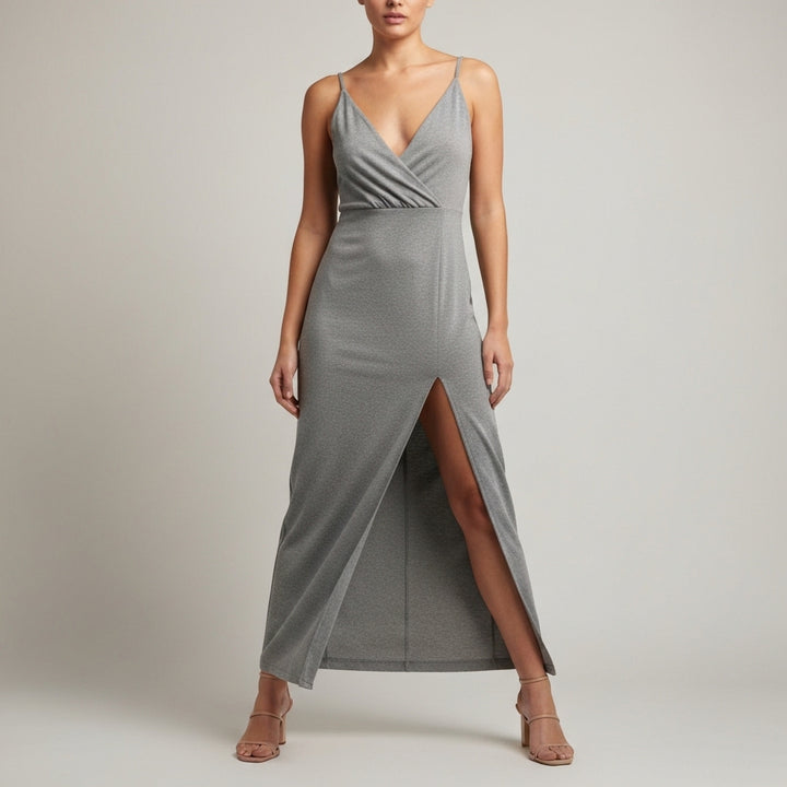 Wrap Front Maxi Slit Dress - Grey