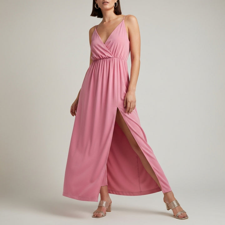 Wrap Front Maxi Slit Dress - Pink