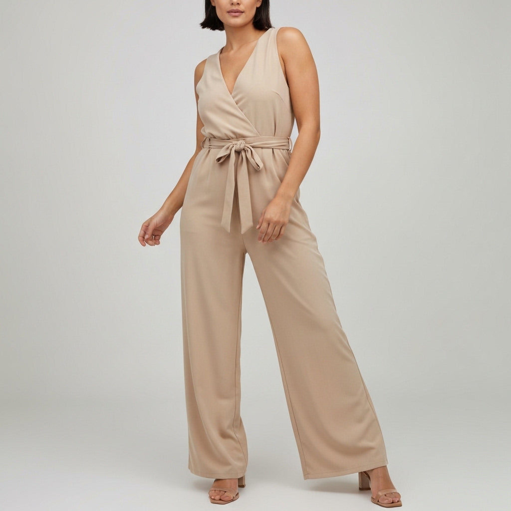 Sleeveless Wide Leg Wrap Jumpsuit - Beige