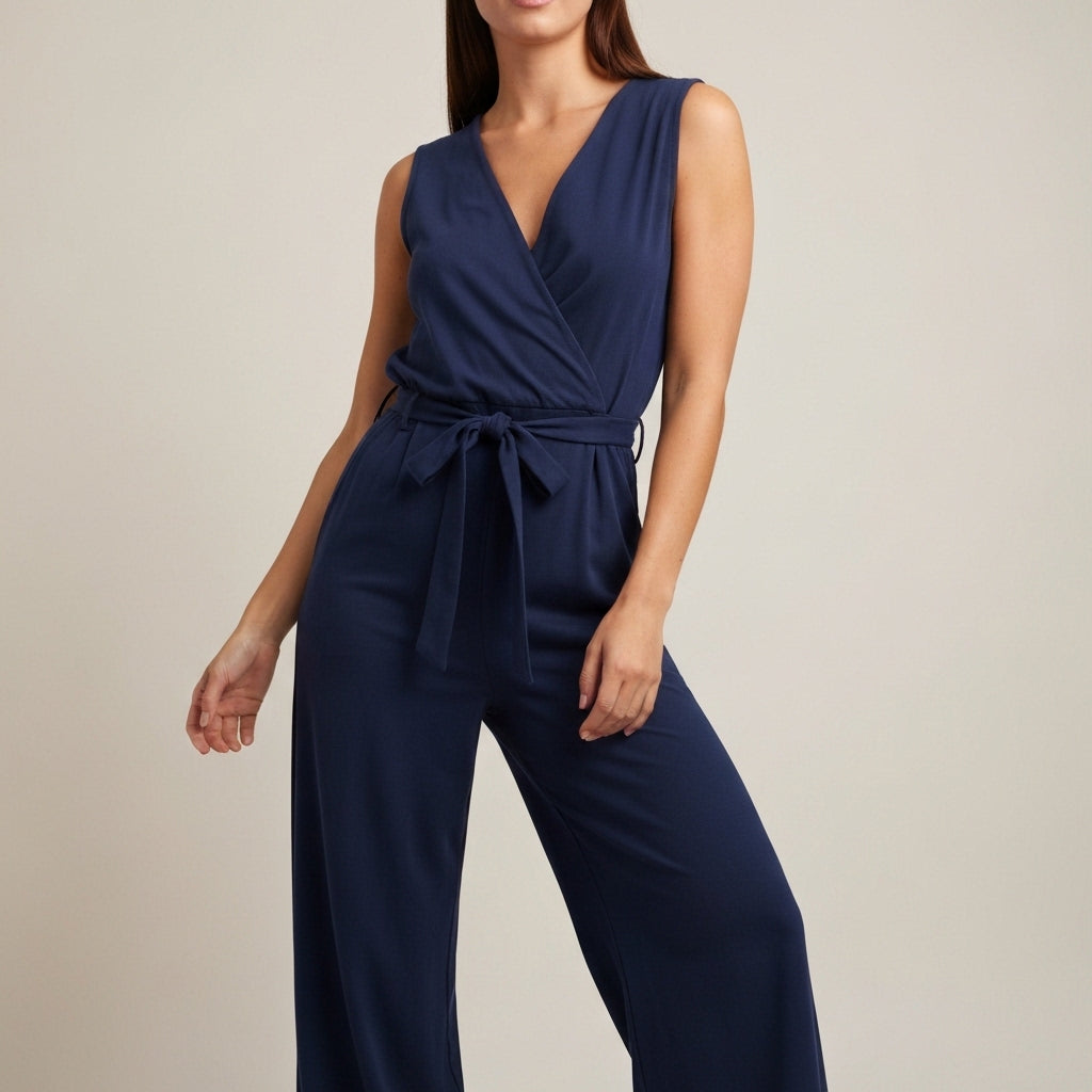Sleeveless Wide Leg Wrap Jumpsuit - Navy