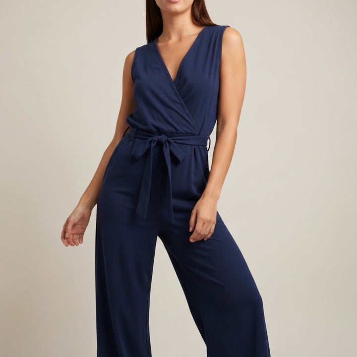 Sleeveless Wide Leg Wrap Jumpsuit - Navy