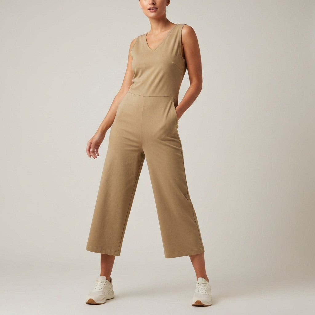 Cropped Wide Leg Wrap Jumpsuit - Tan
