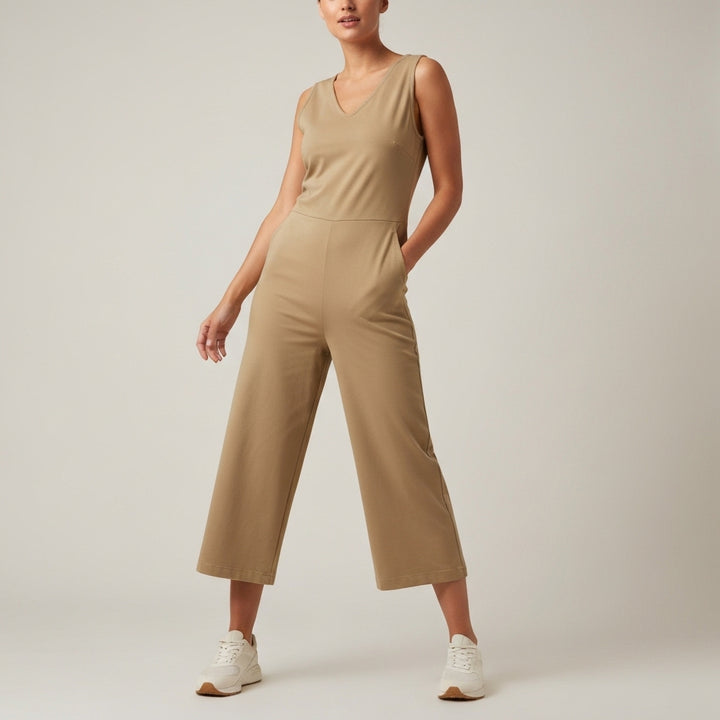 Cropped Wide Leg Wrap Jumpsuit - Tan