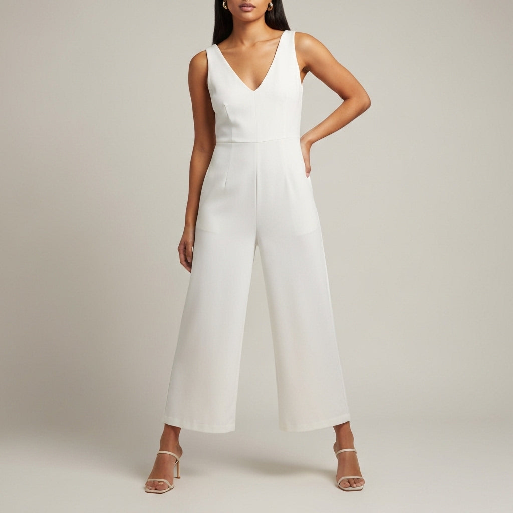 Cropped Wide Leg Wrap Jumpsuit - White