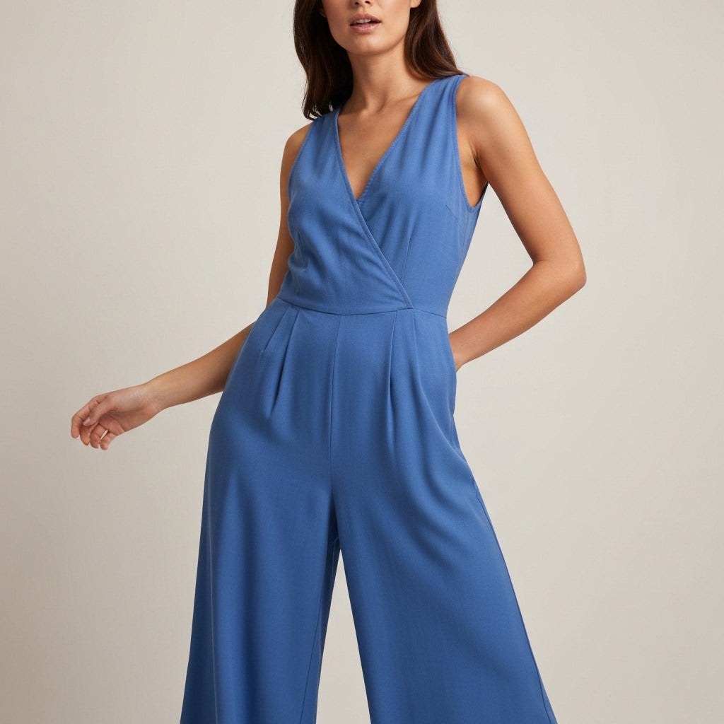Cropped Wide Leg Wrap Jumpsuit - Blue