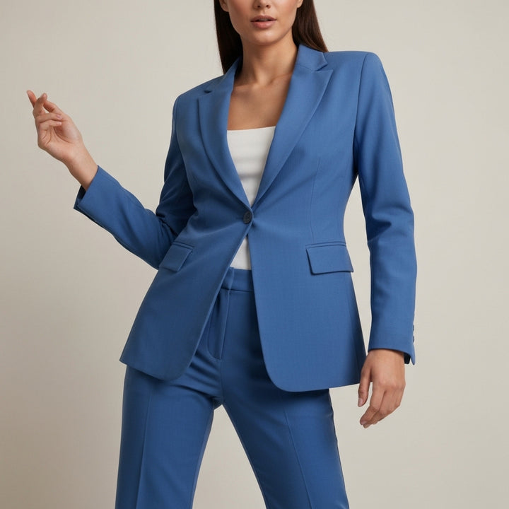 Single Button Long Blazer Suit - Blue