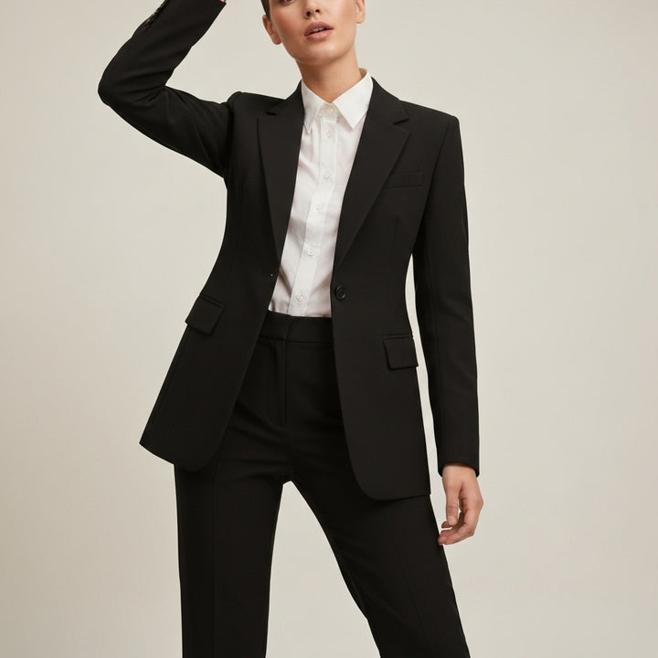 Single Button Long Blazer Suit - Black