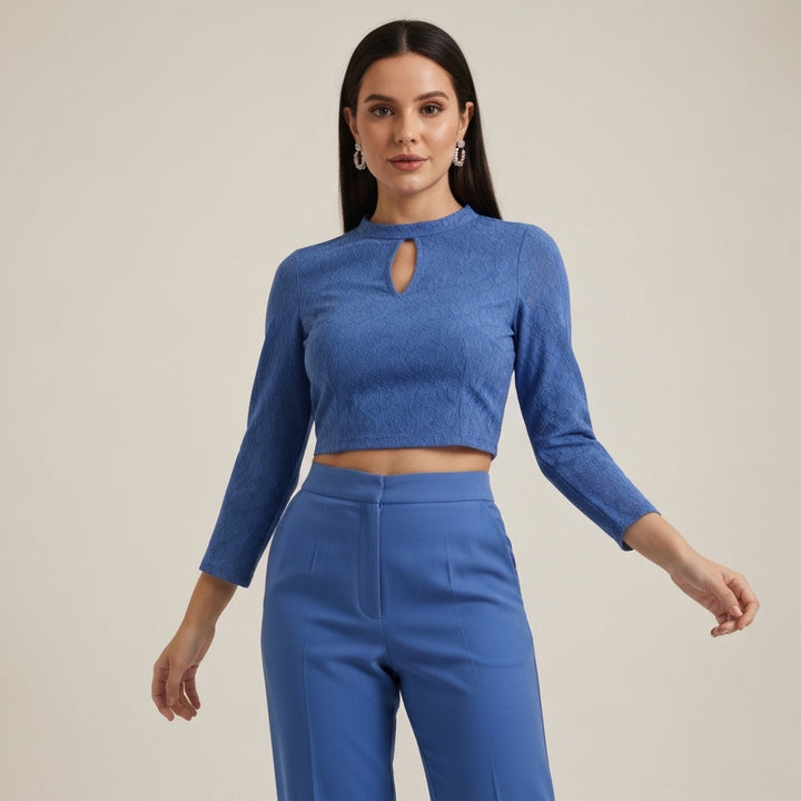 Keyhole Detail Textured Crop Top - Blue