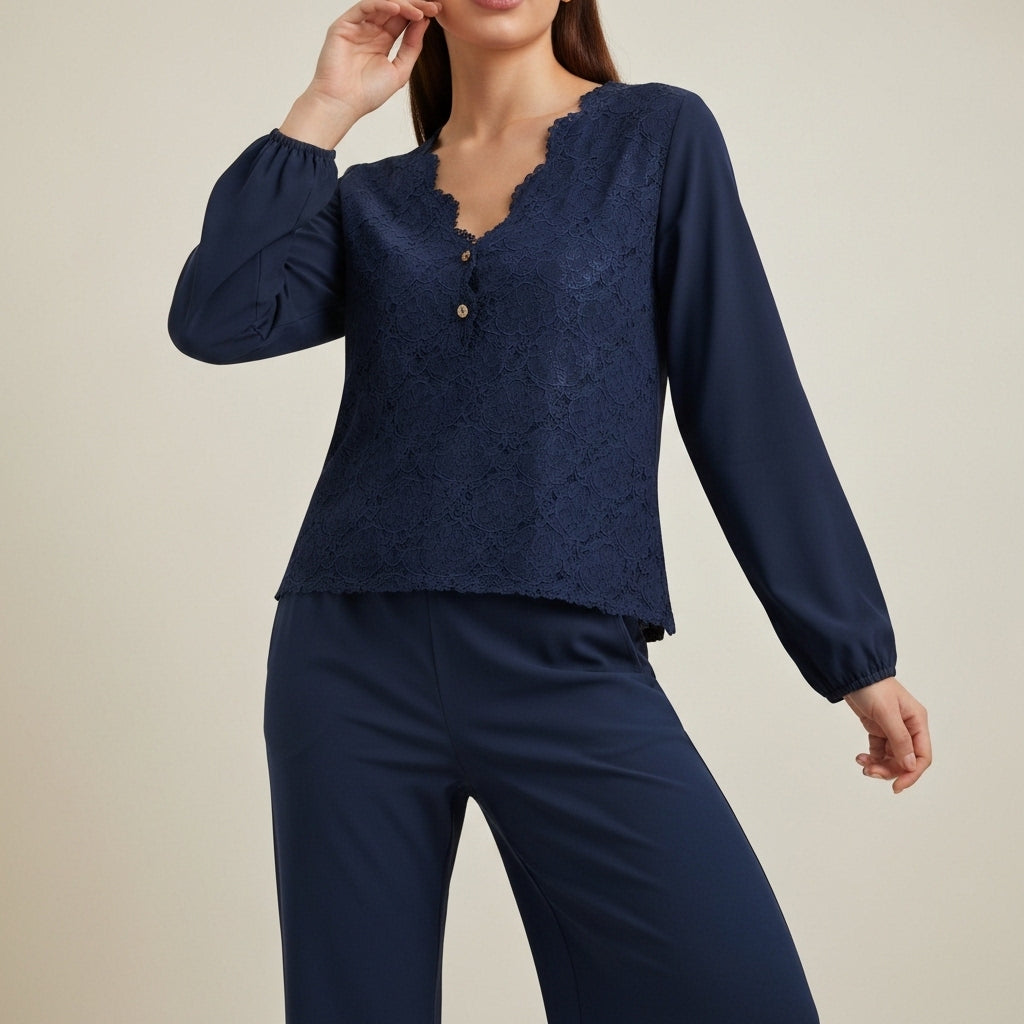 Navy Lace Front Long Blouse - Navy