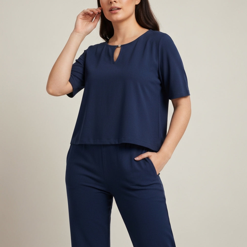 Keyhole Detail Textured Crop Top - Navy
