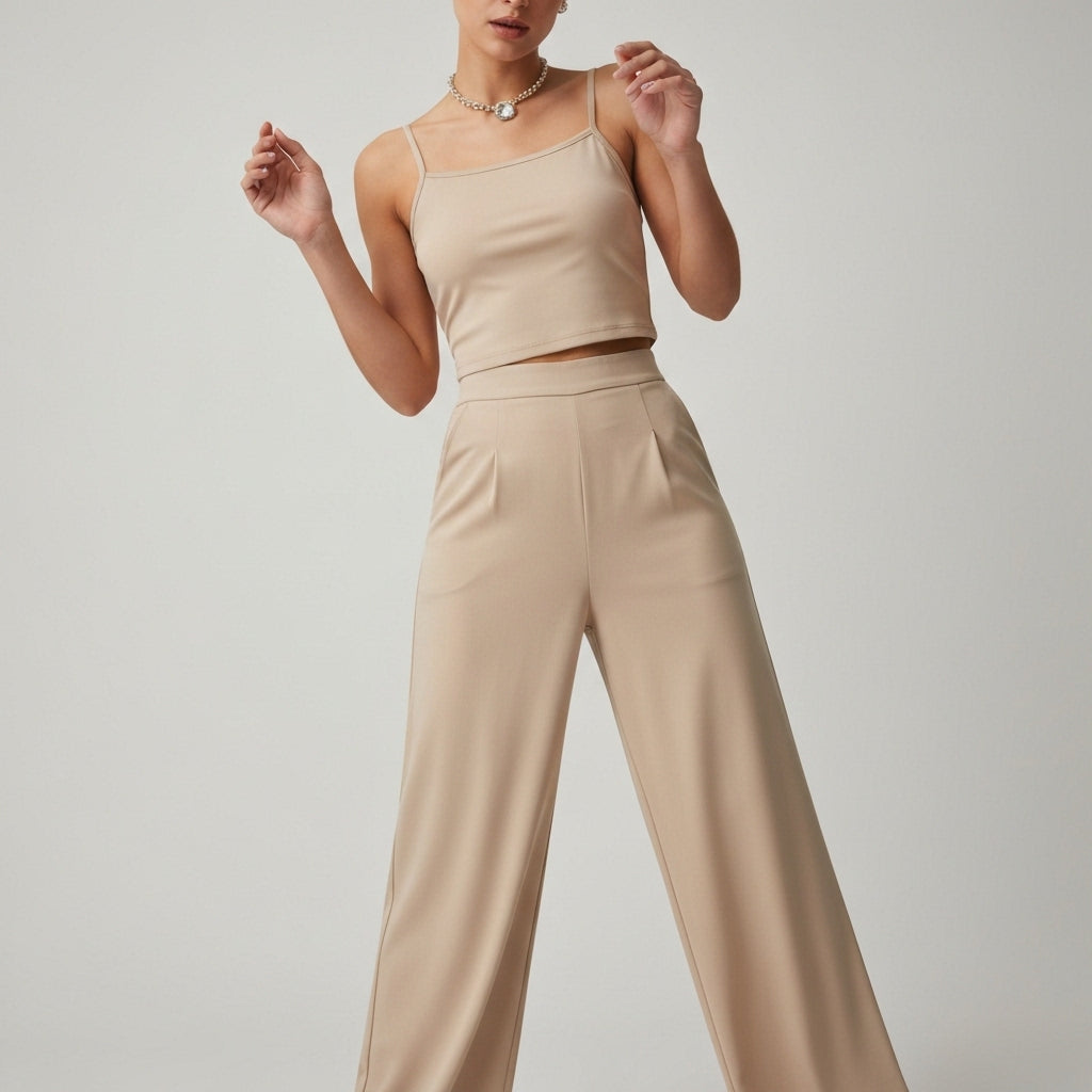 Layered Cami Tank Trouser Set - Beige