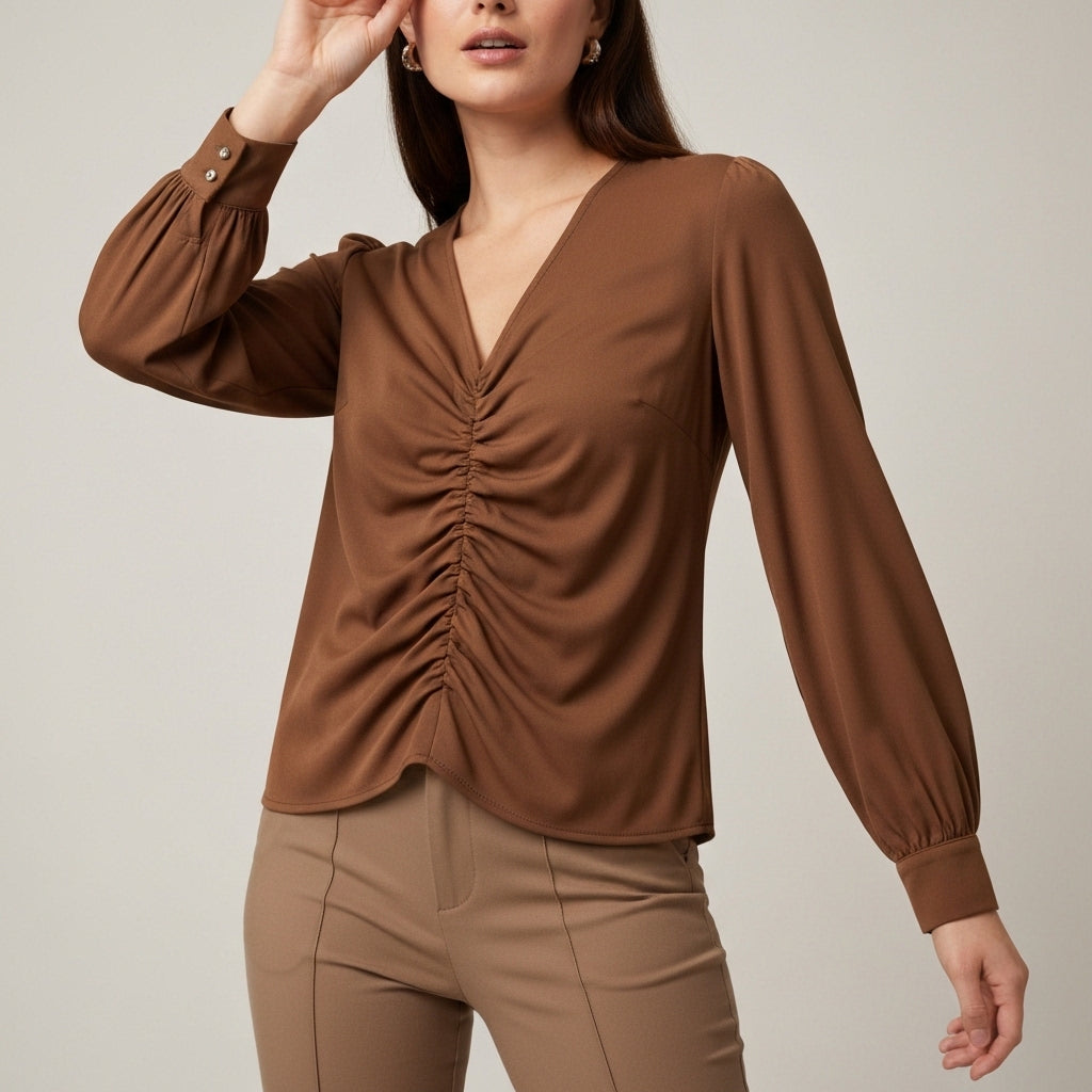Ruched Front Long Sleeve Blouse - Brown