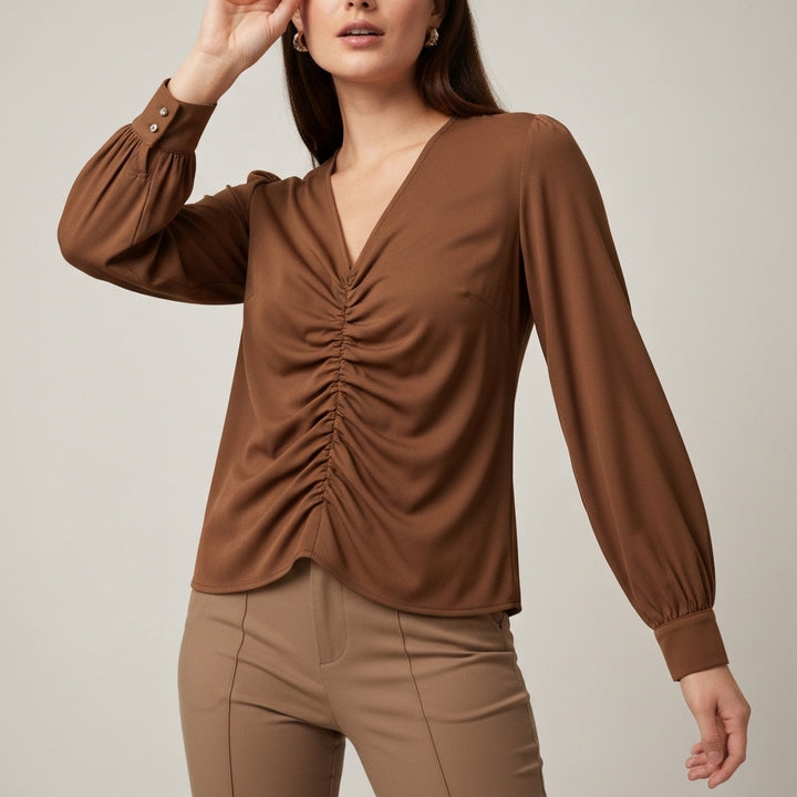 Ruched Front Long Sleeve Blouse - Brown