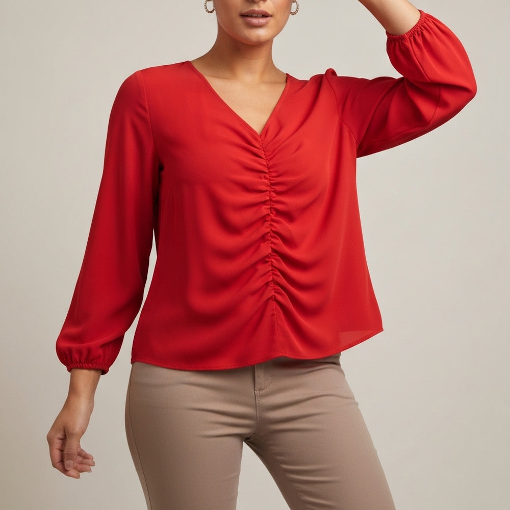 Ruched Front Long Sleeve Blouse - Red