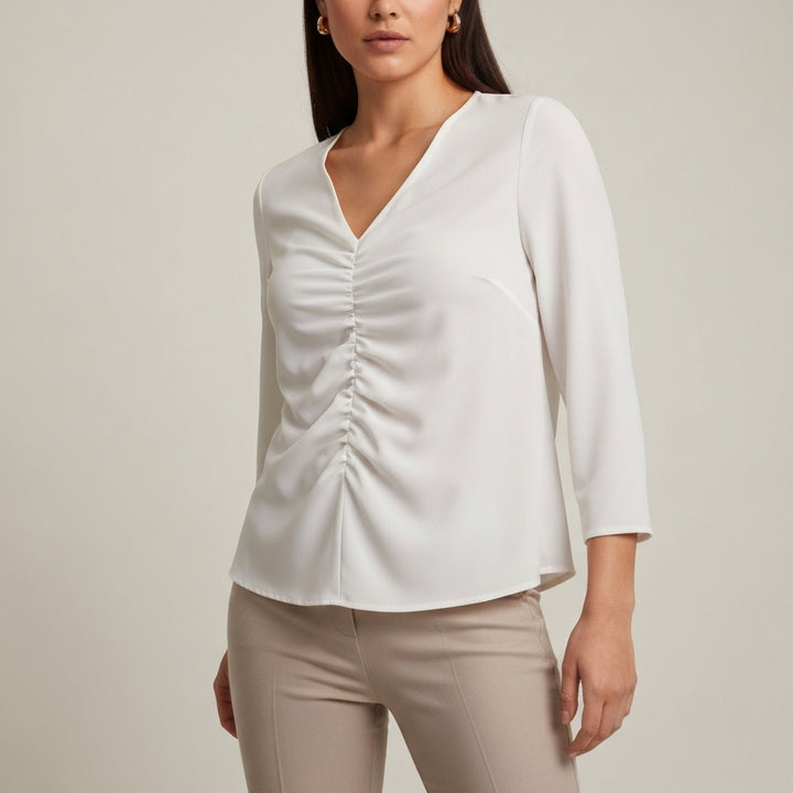 Ruched Front Long Sleeve Blouse - White