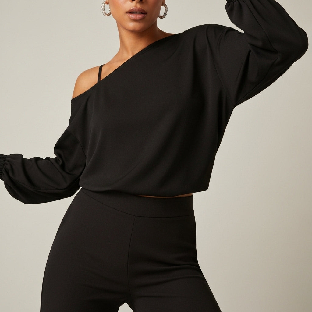 One Shoulder Asymmetric Draped Top - Black