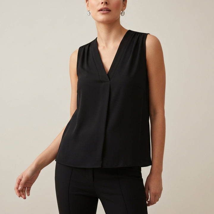 Sleeveless V Neck Pleated Blouse - Black