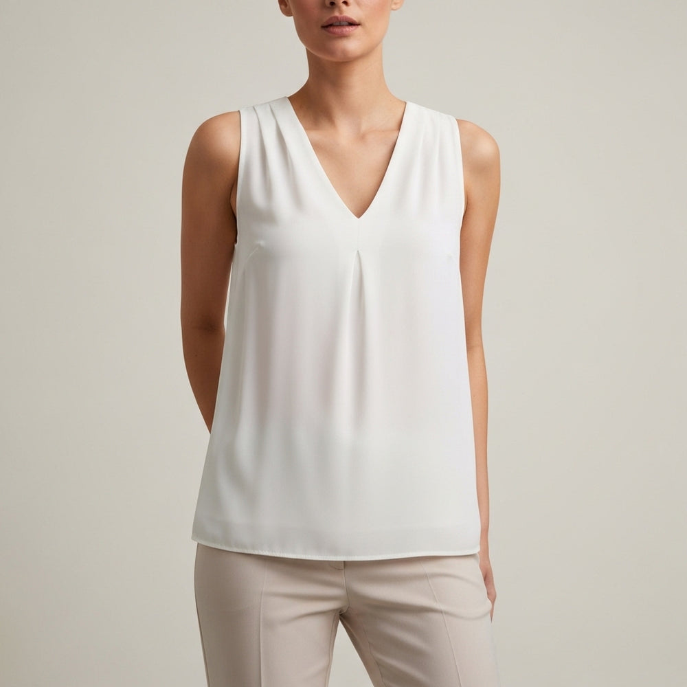 Sleeveless V Neck Pleated Blouse - White