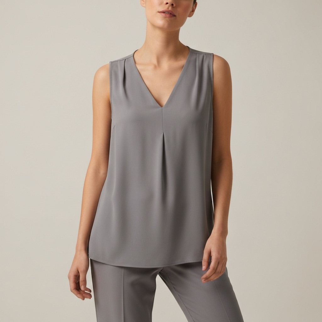 Sleeveless V Neck Pleated Blouse - Grey