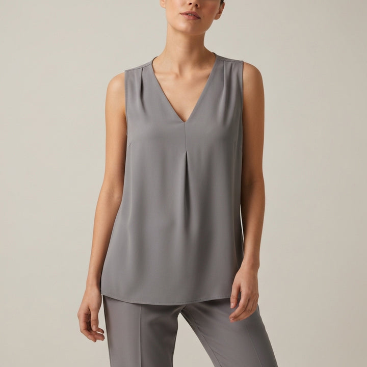 Sleeveless V Neck Pleated Blouse - Grey