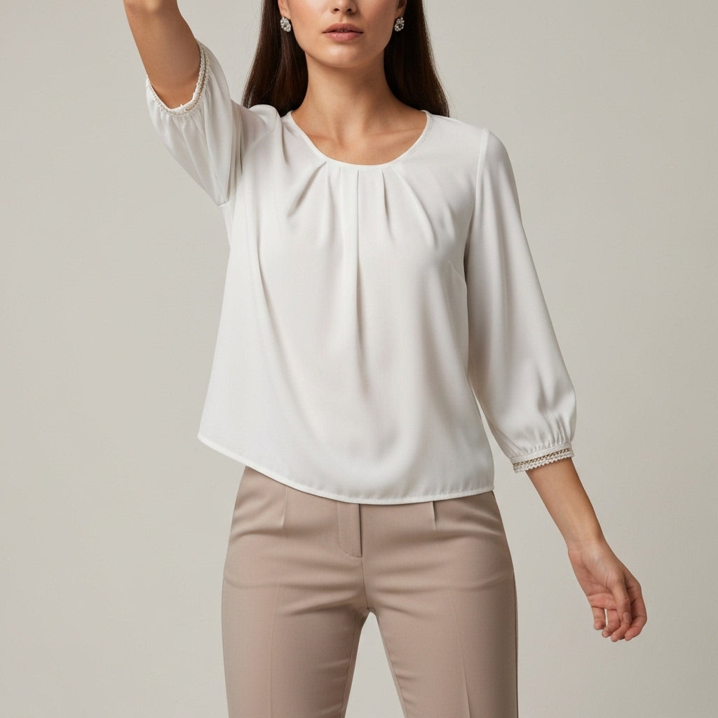 Gathered Neck Long Sleeve Blouse - White
