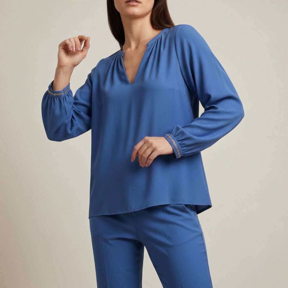 Gathered Neck Long Sleeve Blouse - Blue