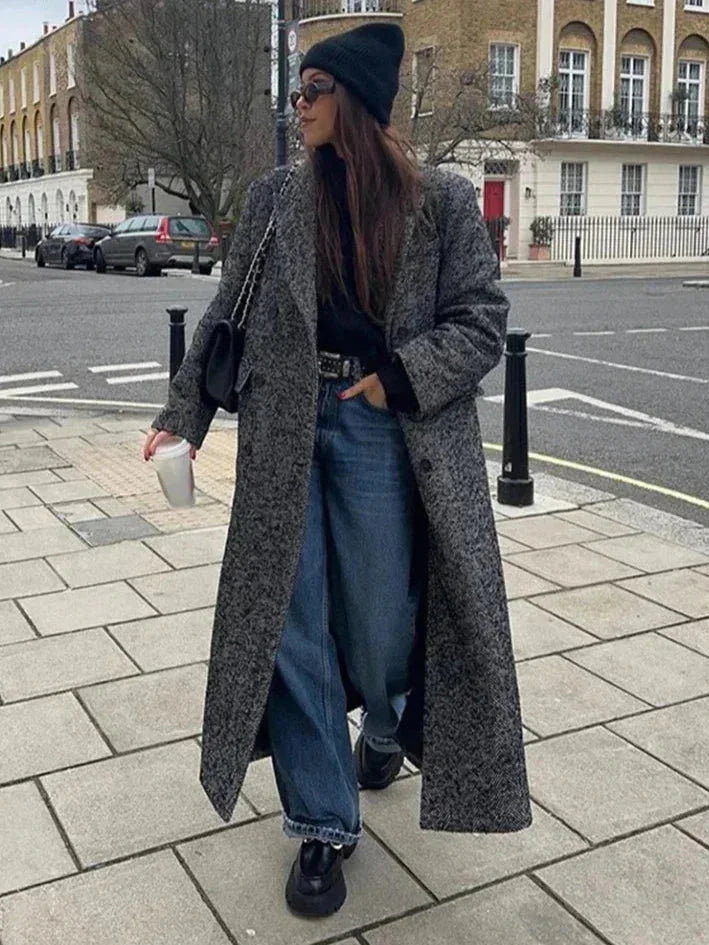 Długi Szary Płaszcz Zimowy Oversize